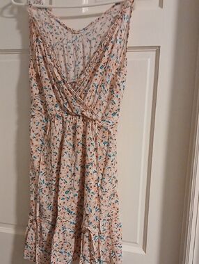 Floral Wrap-Style Midi Dress in Cream and Teal